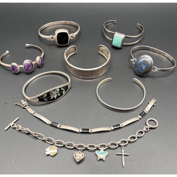 Vintage Sterling Silver 925 Jewelry Lot Cuff Charm Bracelets AS IS CRAFT ART